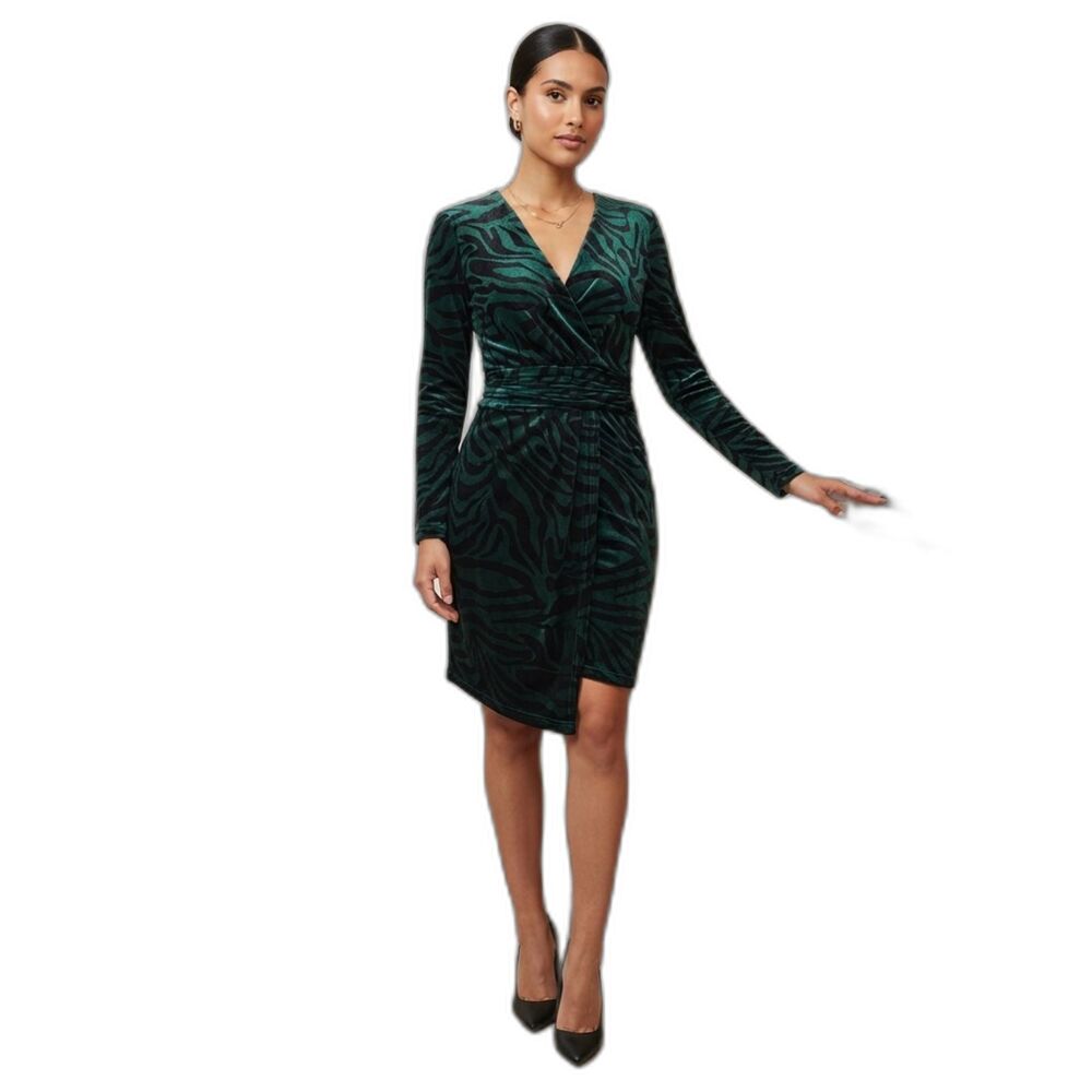 Lini Natalie Emerald Green Velvet Zebra Animal Print Mini Faux Wrap Dress Small